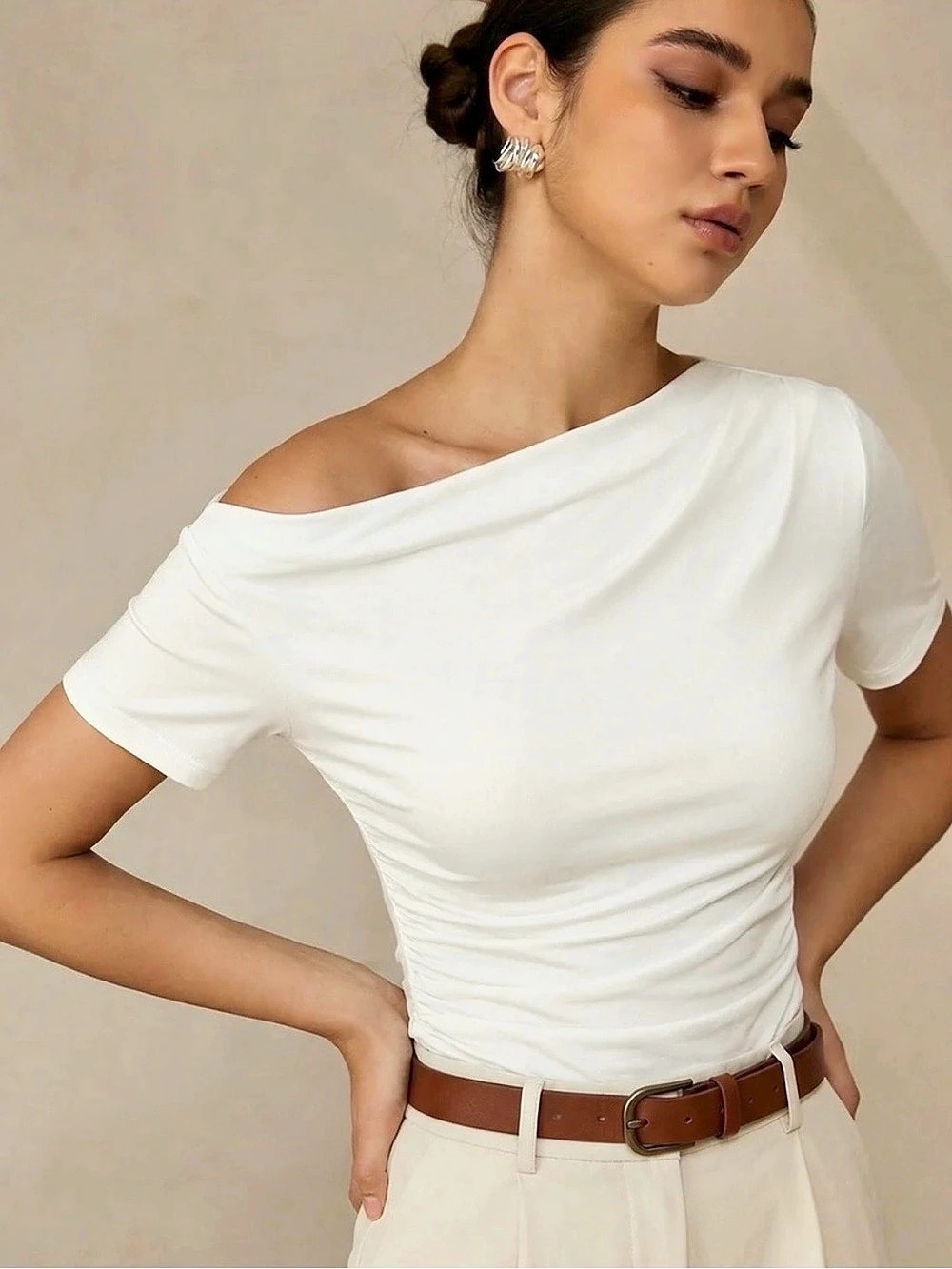 Commense White Ruched Off-Shoulder Top NWOT